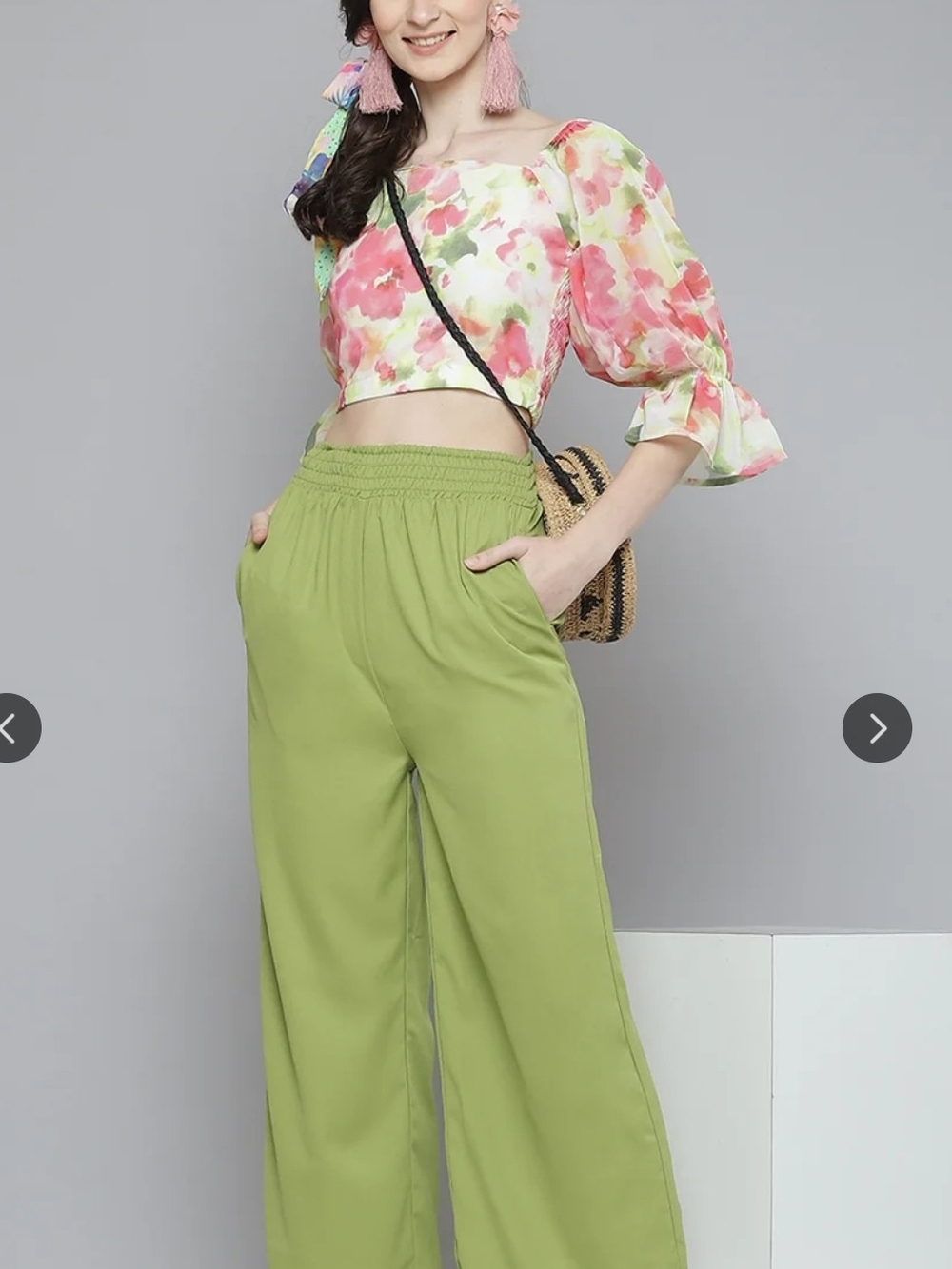 Sassafras Wide-Leg Smocked-Waist Pants in Lime